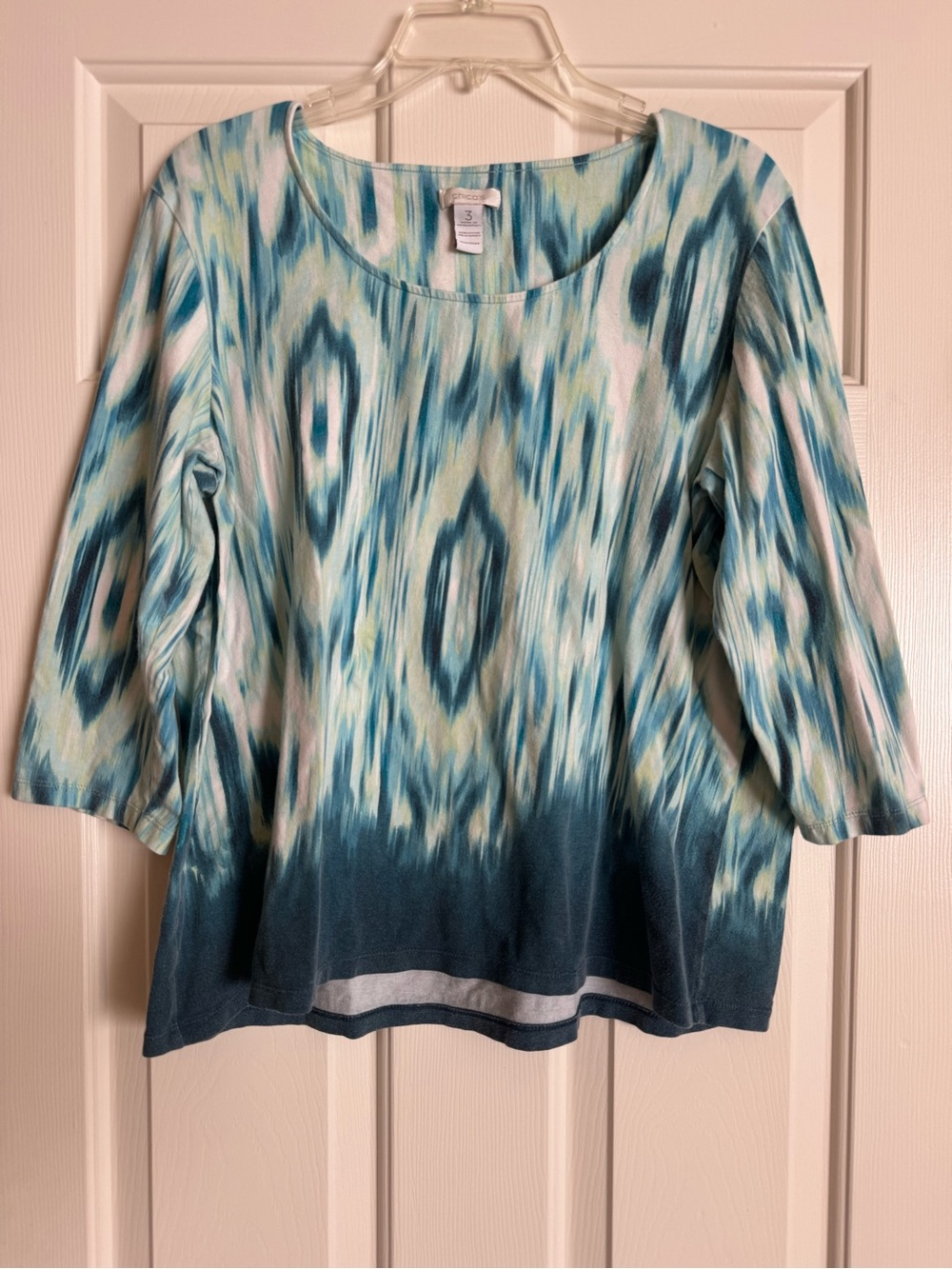 Chico's Ikat Print 3/4 Sleeve Cotton Top Blue Green Size 3